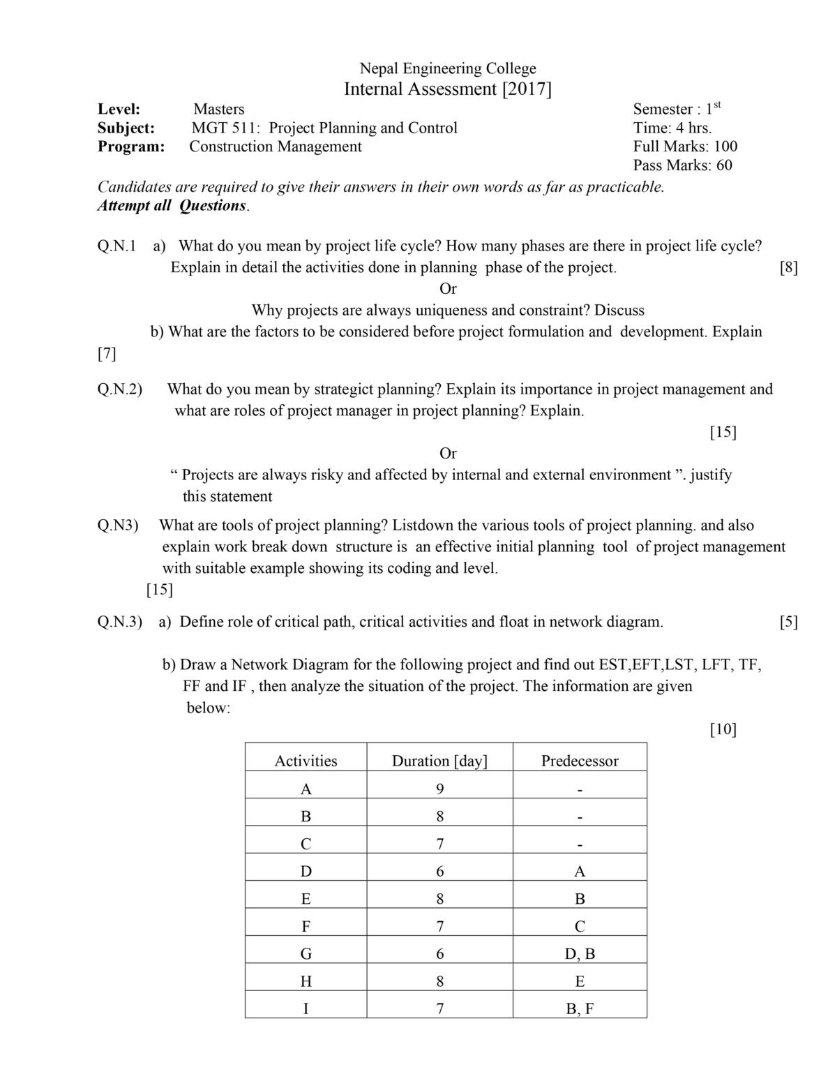 PROJECT PLANNING AND CONTROL OLD QUESTIONS Engineering Notes