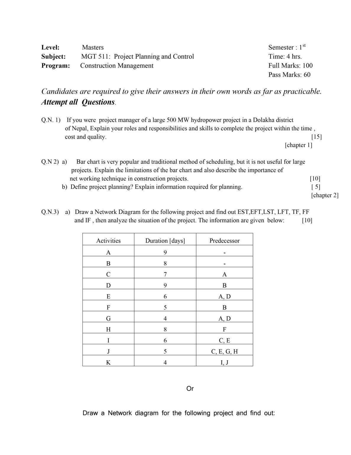 PROJECT PLANNING AND CONTROL OLD QUESTIONS Engineering Notes